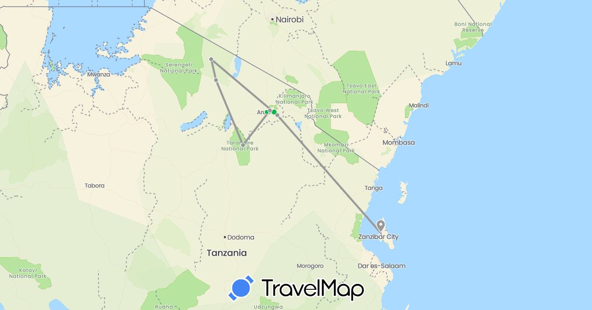 TravelMap itinerary: driving, bus, plane in Tanzania (Africa)